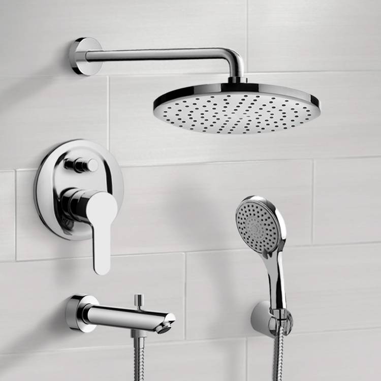 Remer TSH50-8 Chrome Tub and Shower Faucet With 8 Inch Rain Shower Head and Hand Shower